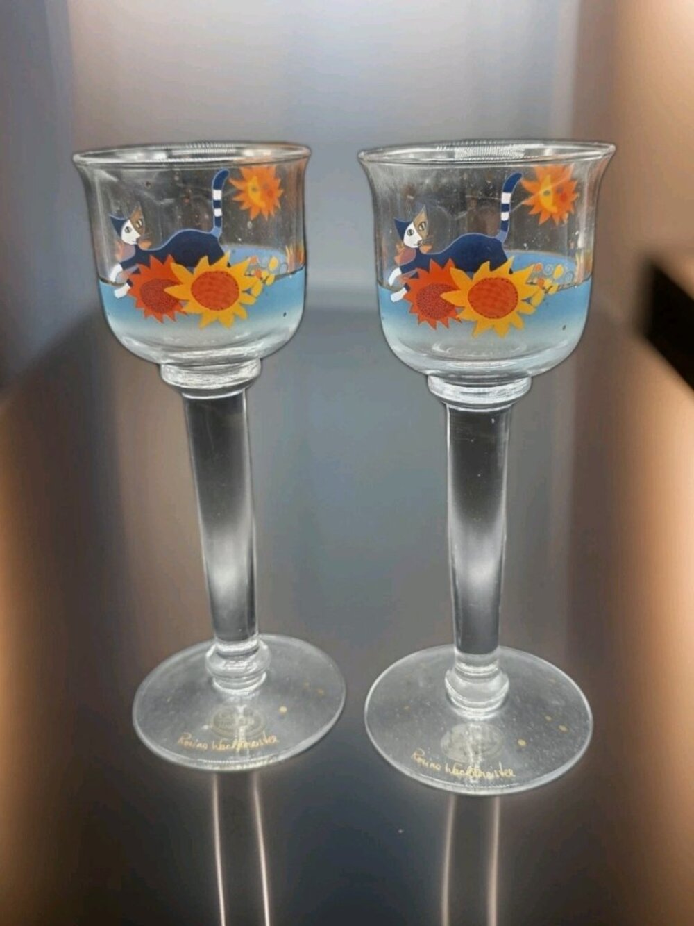 Goebel Rosina Wachtmeister Cats Glass Tea Light Votive Holder Pair MCM Boho